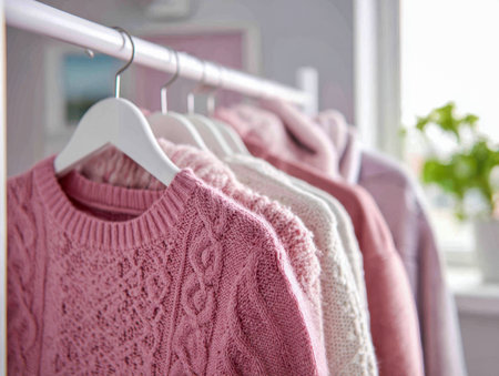 Elegant pastel knitwear in blush and ivory tones drapes softly on pristine hangers, illuminated by sunlight in a chic, inviting space perfect for cozy moments.の写真素材