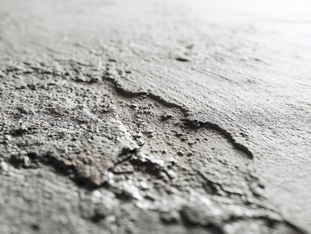 Close-up of a gritty concrete slab revealing rugged textures, subtle fissures, and uneven surface patterns illuminated by gentle, diffused lighting.の写真素材
