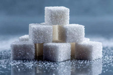 A geometric assembly of pure white sugar blocks sits atop a glossy surface, with loose grains creating a shimmering contrast against a softly blurred blue backdrop.の写真素材