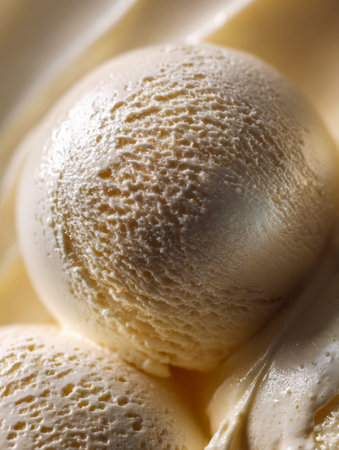 Luxurious vanilla ice cream with velvety swirls and a silky finish, captured in gentle sunlight that highlights its irresistible creamy perfection.の写真素材