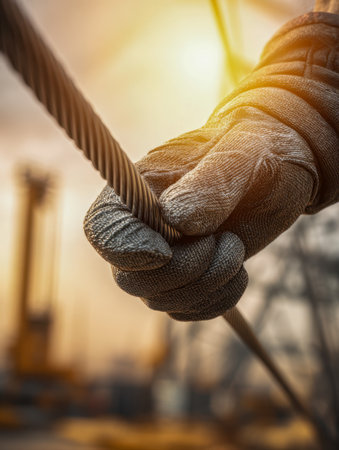 A sturdy, gloved hand tightly grasps a steel cable, bathed in golden sunset glow, highlighting strength and focus amidst a busy construction site with soft, out-of-fの写真素材