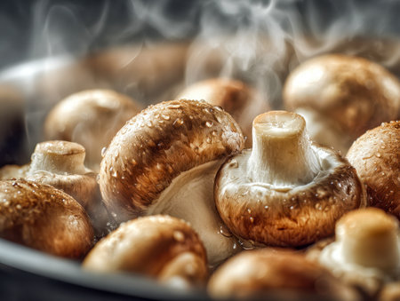 Plump, earthy mushrooms glisten with tiny water beads, their textured surfaces inviting culinary creativity in a warm, vibrant cooking setting.の写真素材