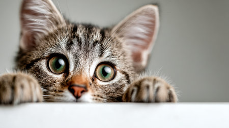 A playful tabby feline with plush fur and striking green eyes leans over a white edge, expressing curiosity amid a minimalist gray backdrop.の写真素材