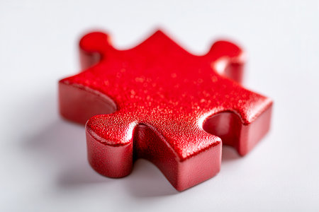 A vibrant red puzzle fragment with intricate surface details symbolizes unity, problem-solving, and the significance of fitting pieces together, set against a cleanの写真素材