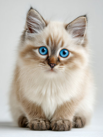 A charming kitten with plush cream fur and mesmerizing blue eyes gazes intently, embodying innocence and curiosity against a simple, unobtrusive backdrop.の写真素材