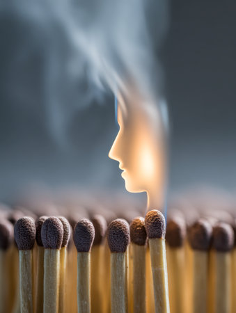 A single ignited match releases swirling smoke forming a human silhouette, surrounded by dormant matchsticks symbolizing untapped creativity and emerging thoughts.の写真素材