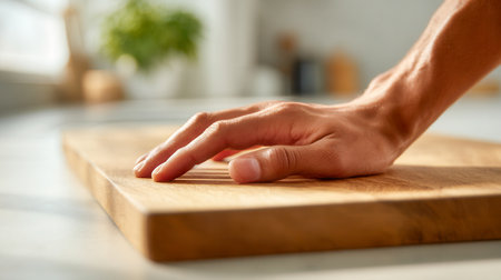 A hand rests gently on a polished wooden cutting surface, bathed in soft natural light that highlights the kitchen?s cozy, inviting atmosphere.の写真素材