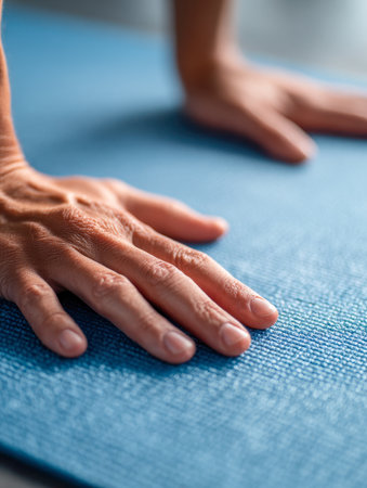 Warm-toned hands press gently into a vibrant blue textured surface, capturing serenity and focus during a peaceful indoor yoga or meditation practice.の写真素材