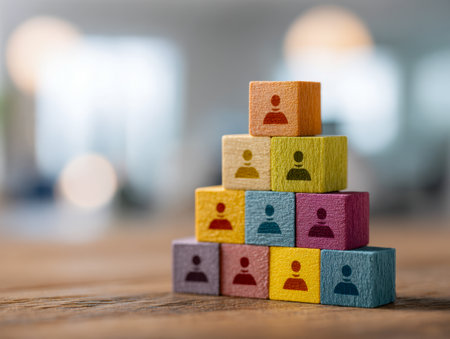 Vibrant wooden cubes arranged in a tiered formation on a rustic table, featuring social icons that symbolize collaboration, leadership, and organizational flow.の写真素材