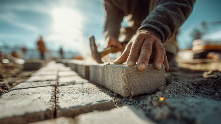 A craftsman meticulously arranges rough-textured bricks on a sunny day, emphasizing detailed craftsmanship and the careful alignment of outdoor paving for durable waの写真素材