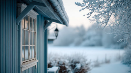 A tranquil winter scene featuring a rustic blue cabin window surrounded by icy frost and tangled snow-laden branches, evoking peaceful rural serenity at dawn.の写真素材