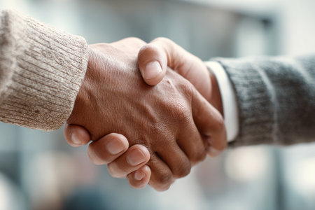 Two confident professionals exchanging a warm clasp, embodying trust, collaboration, and positive relations in a polished, engaging environment.の写真素材