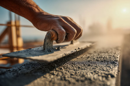 A focused laborer expertly levels a newly poured slab as golden dawn light bathes the site, capturing dedication and early-morning momentum in construction.の写真素材