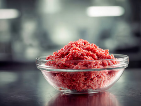 A generous mound of freshly minced meat sits in a clear glass bowl on a kitchen surface, set against a softly focused industrial-style backdrop for meal prep.の写真素材