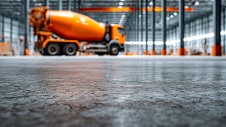 A heavy-duty concrete mixer vehicle rests inside a large, airy storage facility, featuring textured flooring and towering metal racks organizing equipment.の写真素材