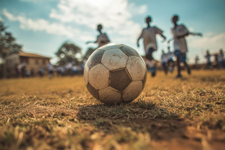 A weathered soccer ball rests on arid grass as joyful children kick around in a sunlit open field, capturing lively outdoor fun amidst nature's backdrop.の写真素材