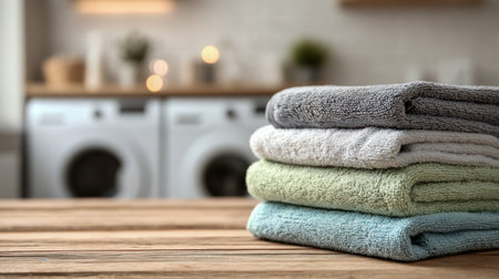 A vibrant collection of plush towels arranged atop a rustic wooden table, set against a softly blurred laundry space bathed in inviting golden hues.の写真素材