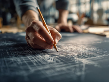 A focused architect's hand sketches intricate building layouts with a pencil on a dark workspace, capturing precision and planning for a major construction venture.の写真素材