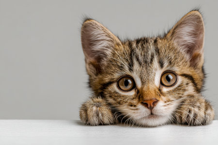 A charming brown tabby kitten with captivating eyes gently leans on a clean white surface, exuding curiosity and innocence against a muted gray backdrop.の写真素材