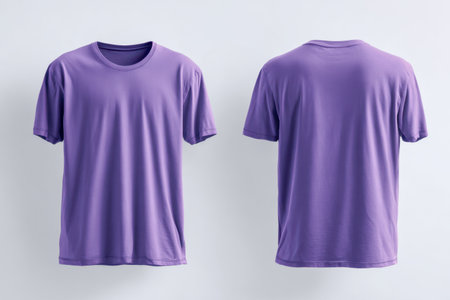 A gentle lavender t-shirt with a relaxed fit, shown from both sides, highlighting its casual style and versatile wearability against a clean, neutral backdrop.の写真素材