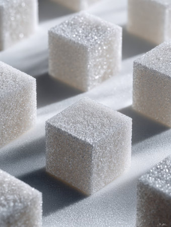 A precise array of pristine sugar cubes mirrors soft lighting, crafting a captivating interplay of glisten and shadow that emphasizes clarity and elegance.の写真素材