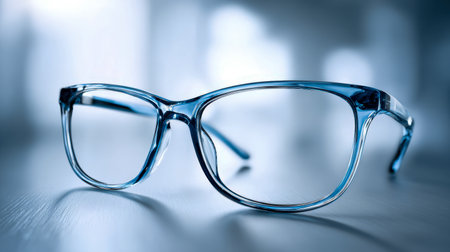 A pair of sleek, blue-tinted frames settle on a polished surface, with a dreamy backdrop emphasizing contemporary style and exceptional transparency.の写真素材