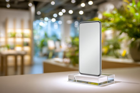 A sleek, contemporary phone featuring a seamless screen design is displayed on a clear stand amid vibrant store lighting, complemented by softly blurred greenery.の写真素材