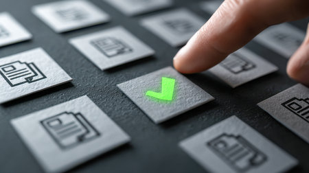 A hand hovers over a dark textured background, emphasizing a vibrant green checkmark among subdued gray documents, symbolizing successful approval in business workflの写真素材