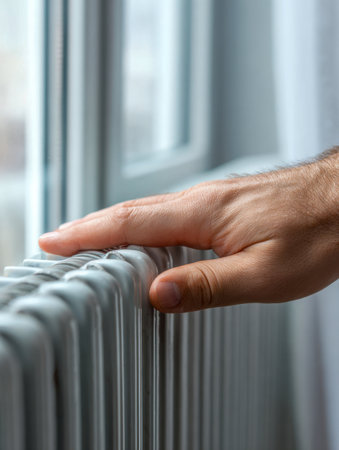 A hand gently touches a sleek white metal radiator by a wintry window, evoking cozy comfort and the soothing heat during chilly days indoors.の写真素材