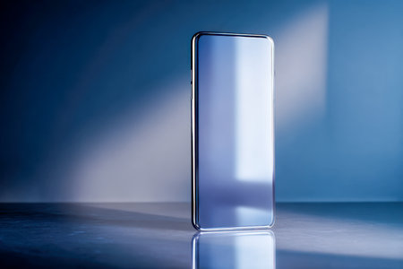 A contemporary, streamlined mobile device poised vertically on a glossy surface, set against a subtle blue gradient backdrop illuminated by gentle daylight reflectioの写真素材