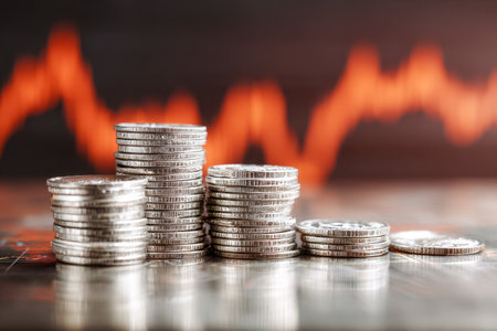 A neat progression of glaming silver coins from largest to smallest, set against a softly focused orange graph illustrating market trends and economic shifts.の写真素材