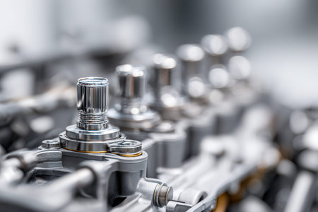 Close-up of shimmering metal engine parts revealing intricate machining details and expert craftsmanship in a focused industrial workspace.の写真素材
