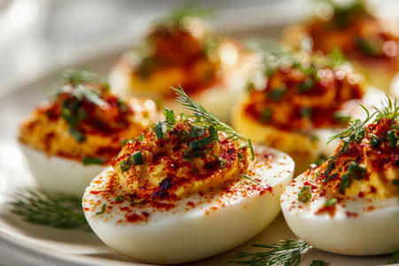 Creamy stuffed eggs topped with vibrant herbs and a dusting of paprika, arranged on a plate ready to elevate any gathering or casual appetizer spread.の写真素材