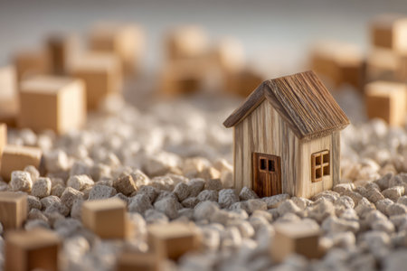 A cozy miniature wooden dwelling nestled among smooth stone accents and scattered cubes symbolizing growth and opportunity in a gentle, inviting glow.の写真素材