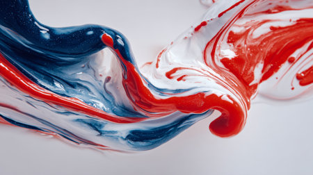 A lively mix of crimson, cerulean, and alabaster pigments intertwine in a fluid dance, forming a captivating tapestry of movement, gentle gradients, and textured depの写真素材