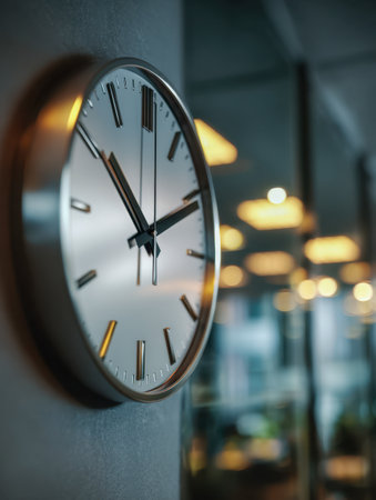 A sleek silver timepiece hangs on a luminous office wall, its reflective surface capturing ambient lights while blurred background glows create a professional ambientの写真素材