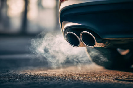 Early morning warmth brushes over parked cars, their exhausted trails faintly rising amid a muted city street scene, softened by gentle focus and golden light.の写真素材