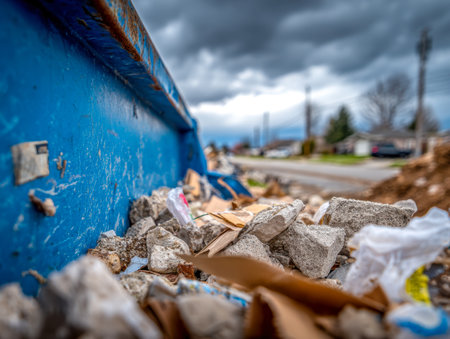 A jumble of shattered concrete and leftover building scraps languishes within a vibrant blue bin, set against a moody, overcast sky on a quiet suburban street.の写真素材