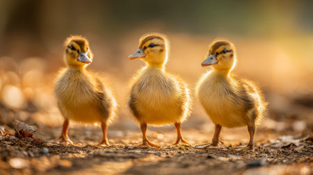 Warm sunlight bathes three tiny, fuzzy ducklings huddled on a fallen leaf-strewn forest floor, creating a cozy, gentle outdoor scene teeming with innocence.の写真素材