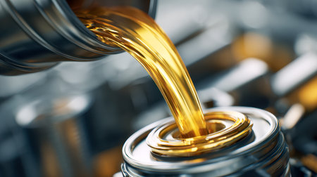 A technician carefully adds luminous amber lubricant into an engine, highlighting precision and care during essential vehicle upkeep for optimal operation.の写真素材