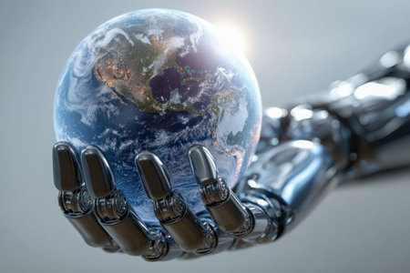 A sleek, high-tech robotic appendage cradle a finely detailed Earth, glowing with vibrant city lights that illustrate worldwide interconnection and advancing digitityの写真素材