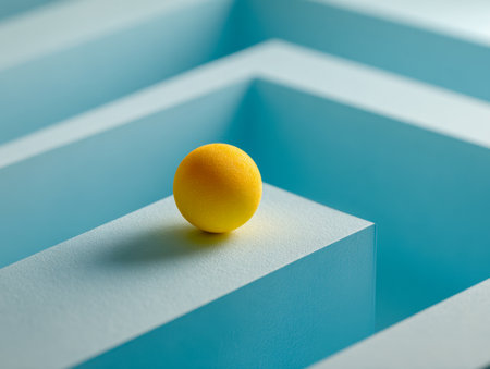 A vibrant yellow sphere with a textured surface is balanced atop an intricate geometric maze, cast in gentle blue shadows against a sleek, minimalist backdrop for acの写真素材