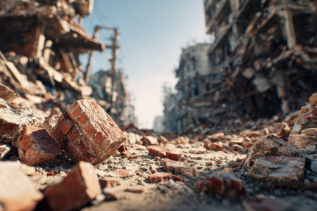 A devastated city street strewn with debris and shattered bricks, enclosed by crumbling structures, under a crisp blue sky reflecting silent loss and resilience.の写真素材