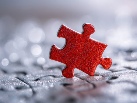A lone crimson puzzle piece sharply contrasts against a shimmering metallic background, illuminated by twinkling bokeh lights that evoke a sense of uniqueness and foの写真素材