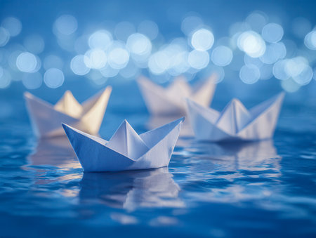 Tiny paper vessels drift peacefully on still waters, their delicate forms mirrored by gentle light orbs that evoke a tranquil, dreamlike aquatic landscape against aの写真素材