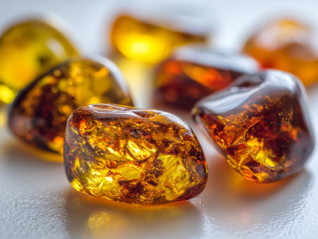 Warm-toned amber fragments with detailed natural designs gleam smoothly on a reflective surface, evoking elegance and organic beauty for stylish decoration.の写真素材
