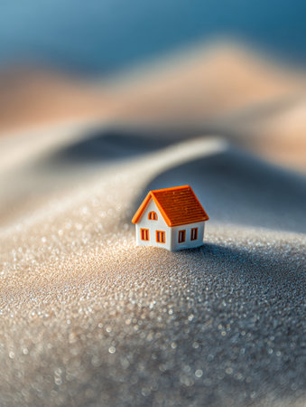 A cozy white cottage with a vibrant orange roof rests amidst gently waving golden dunes, bathed in a gentle glow under a tranquil desert sky.の写真素材