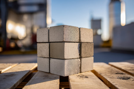Sunlit concrete segments form a miniature cube atop wooden pallets, set against a blurred industrial landscape under clear outdoor skies.の写真素材