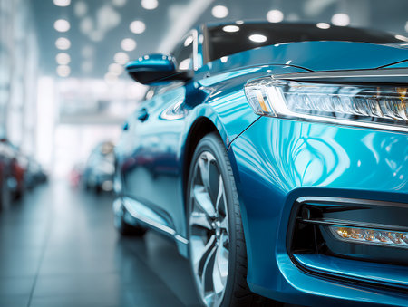 A striking cobalt-hued vehicle with a reflective glossy surface, featuring streamlined headlights that mirror the ambient lighting and elegant showroom setting.の写真素材