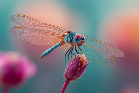 A striking azure dragonfly rests gently atop a soft pink flower bud, its delicate, transparent wings shimmering softly against a gentle gradient backdrop.の写真素材